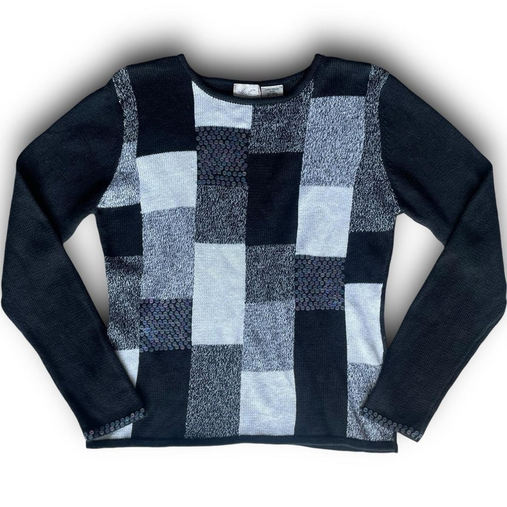 Vtg Embellished Sequin Sweatshirt Long Sleeve‎ Crew Neck Patchwork Knit Sweater